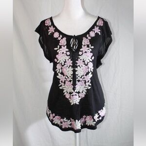 INC International Concepts Black Blouse with Pink & White Floral Embroidery